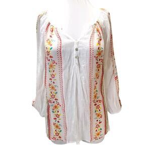 Anthropologie Fig & Flower Top White Sheer Floral Embroidered Boho Cottage Large